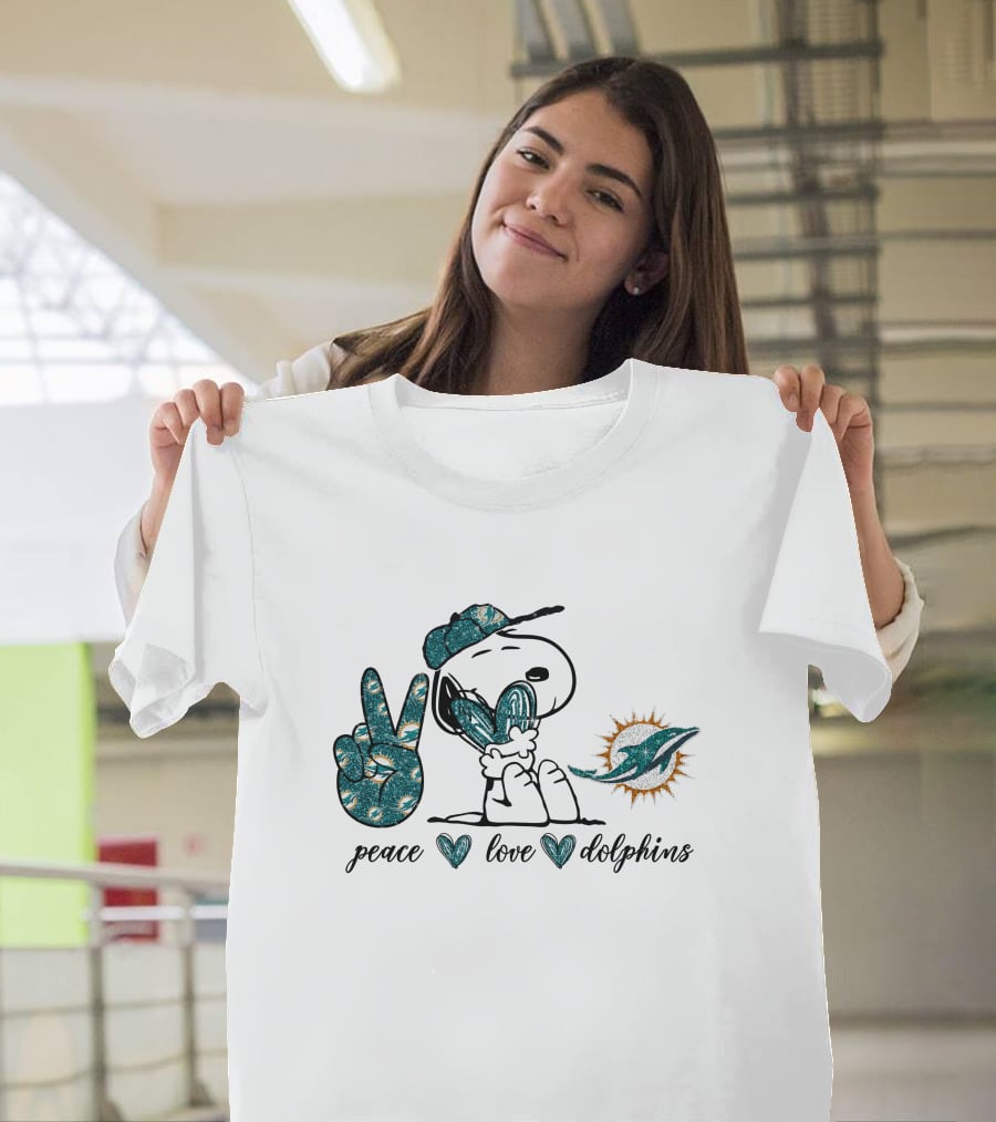 Peace Love Miami Dolphins Snoopy Fan Art Football T-Shirt