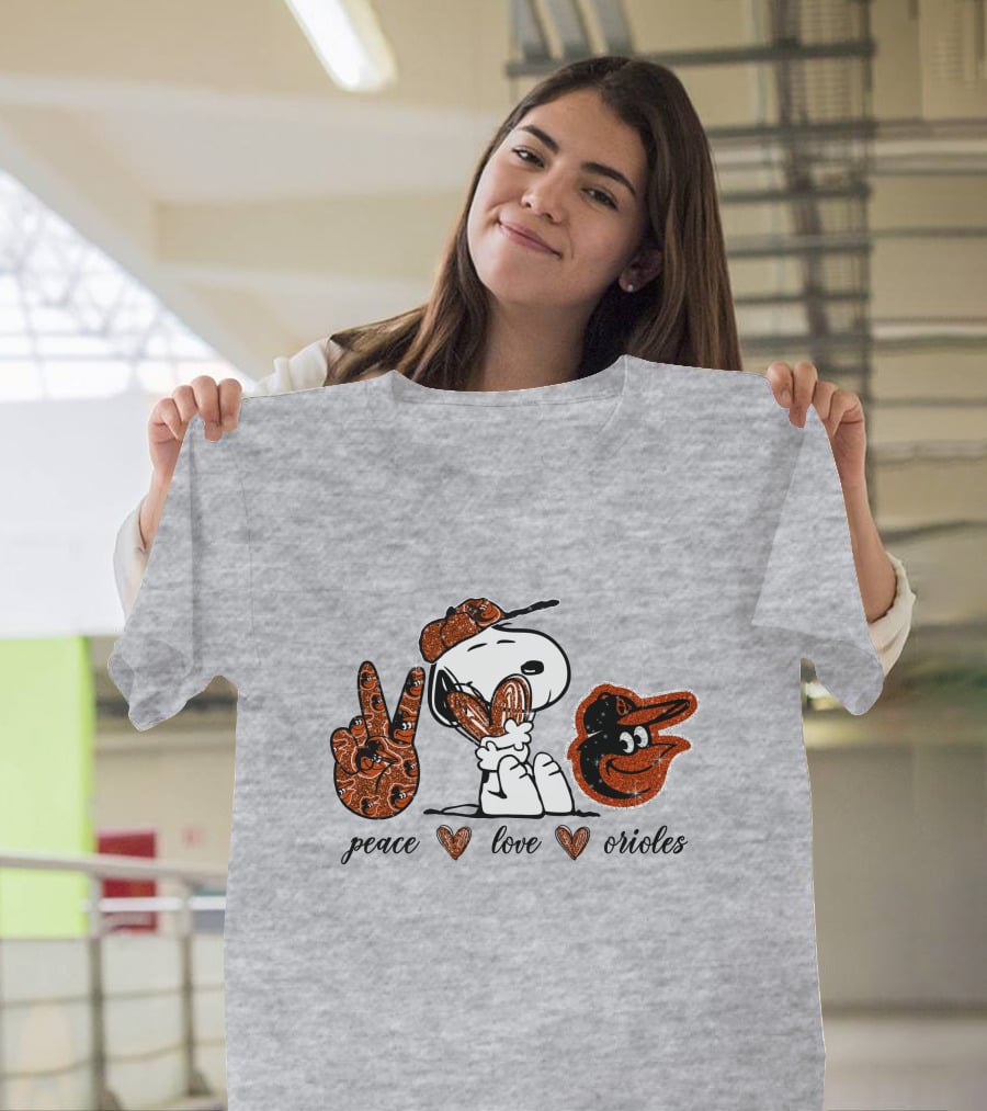 Peace Love Orioles Snoopy Style Baltimore Orioles T-Shirt
