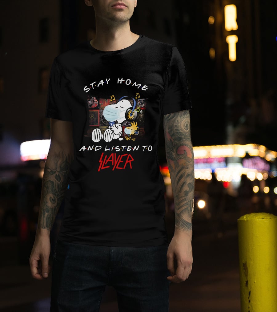 Stay Home And Listen To Slayer Snoopy And Woodstock Music T-Shirt