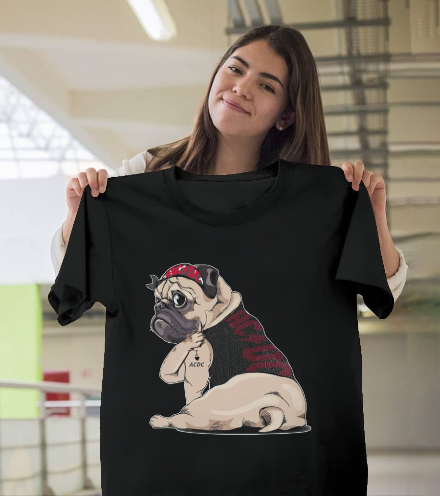 Ac/Dc Pug With I Love Ac/Dc Tattoo And Bandana T-Shirt