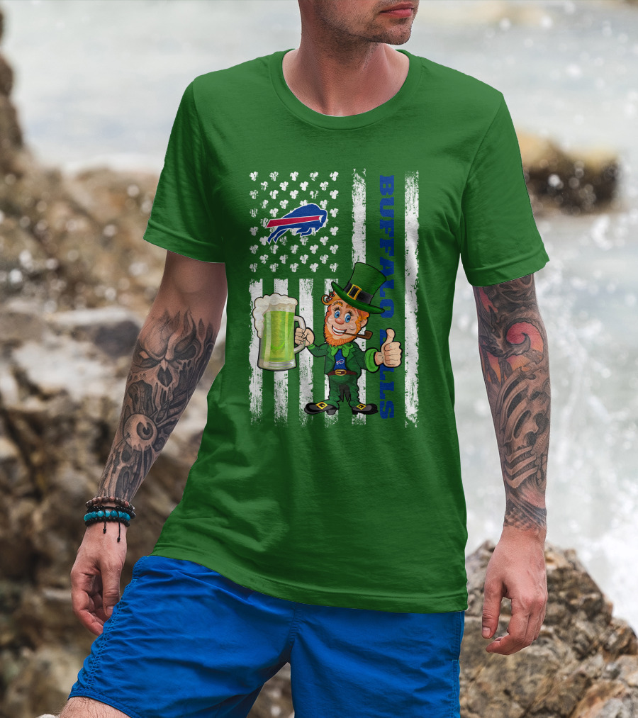 Buffalo Bills St Patrick's Day Leprechaun American Flag Shamrocks Beer T-Shirt