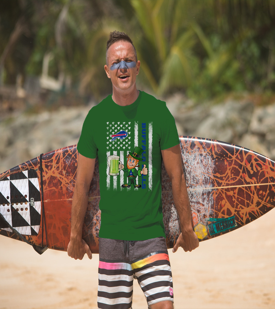 Buffalo Bills St Patrick's Day Leprechaun American Flag Shamrocks Beer T-Shirt