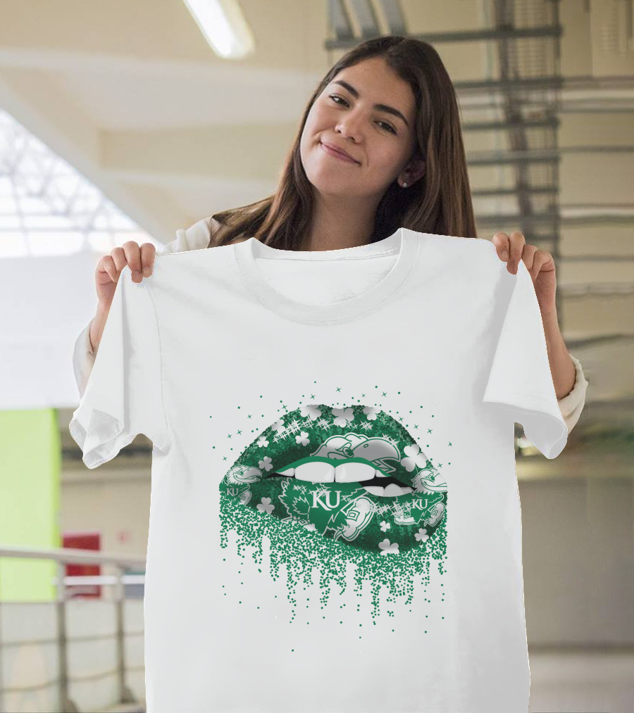 Kansas Jayhawks Lips Green Shamrock KU T-Shirt