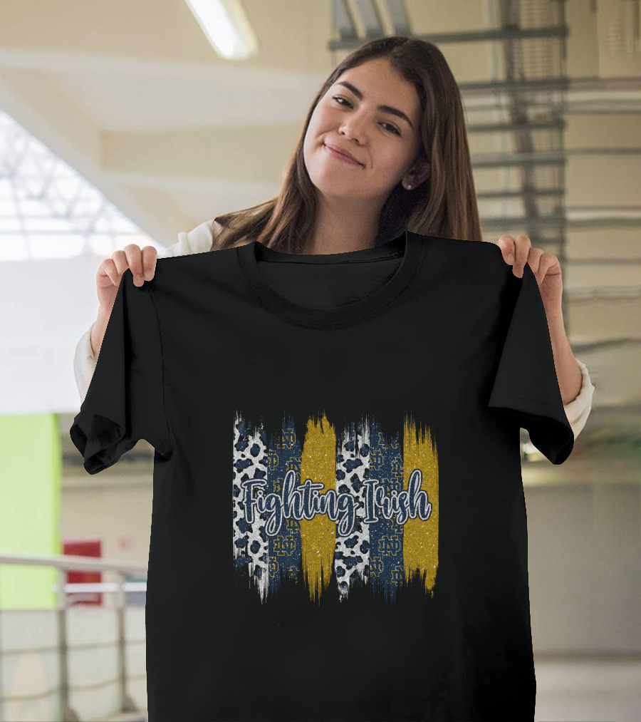 Notre Dame Fighting Irish Brushstroke Blue Gold Leopard Print T-Shirt