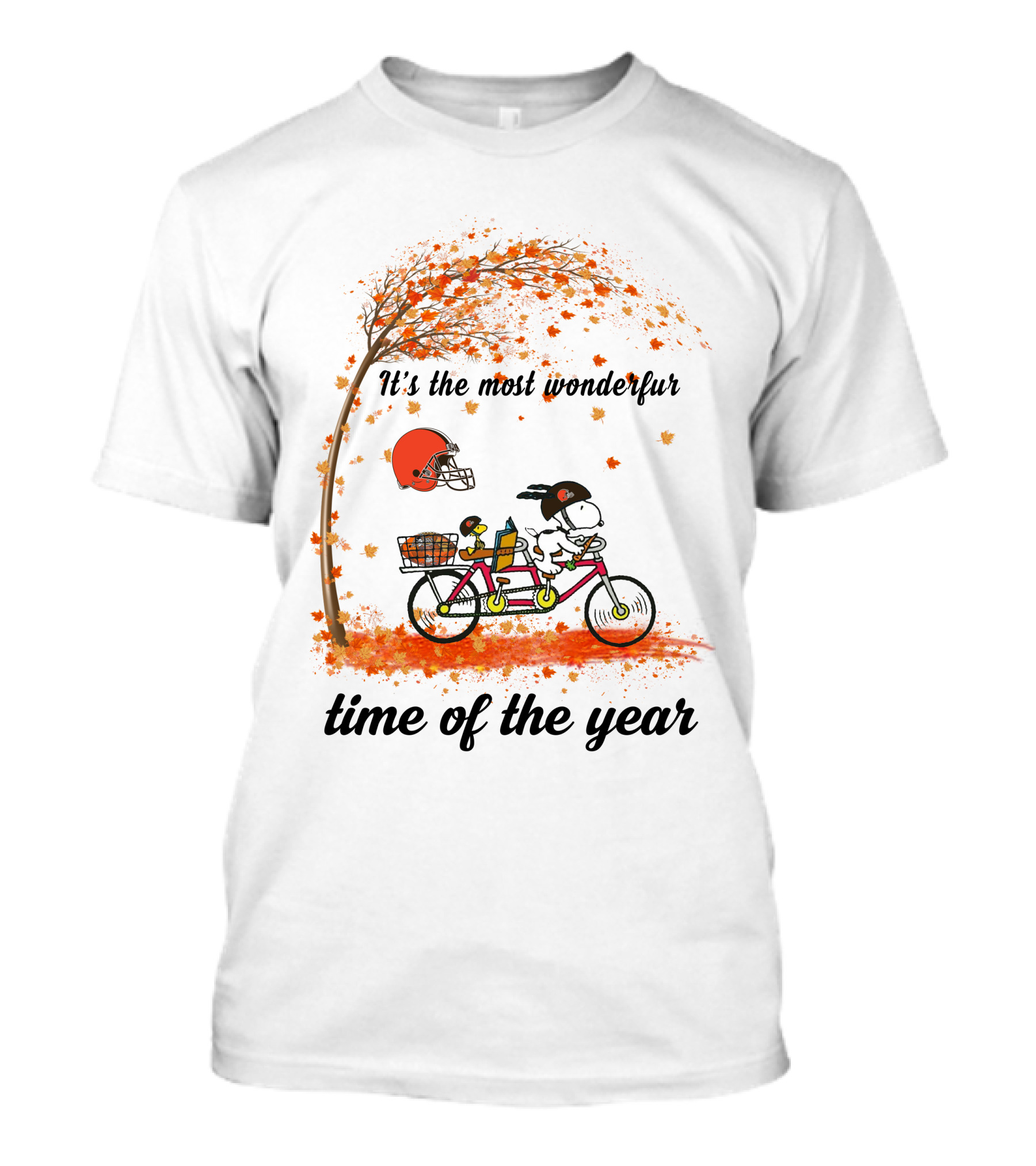 Cleveland Browns Baby Yoda Autumn Snoopy Tandem Bicycle It's The Most Wonderful Time Of The Year T-Shirt