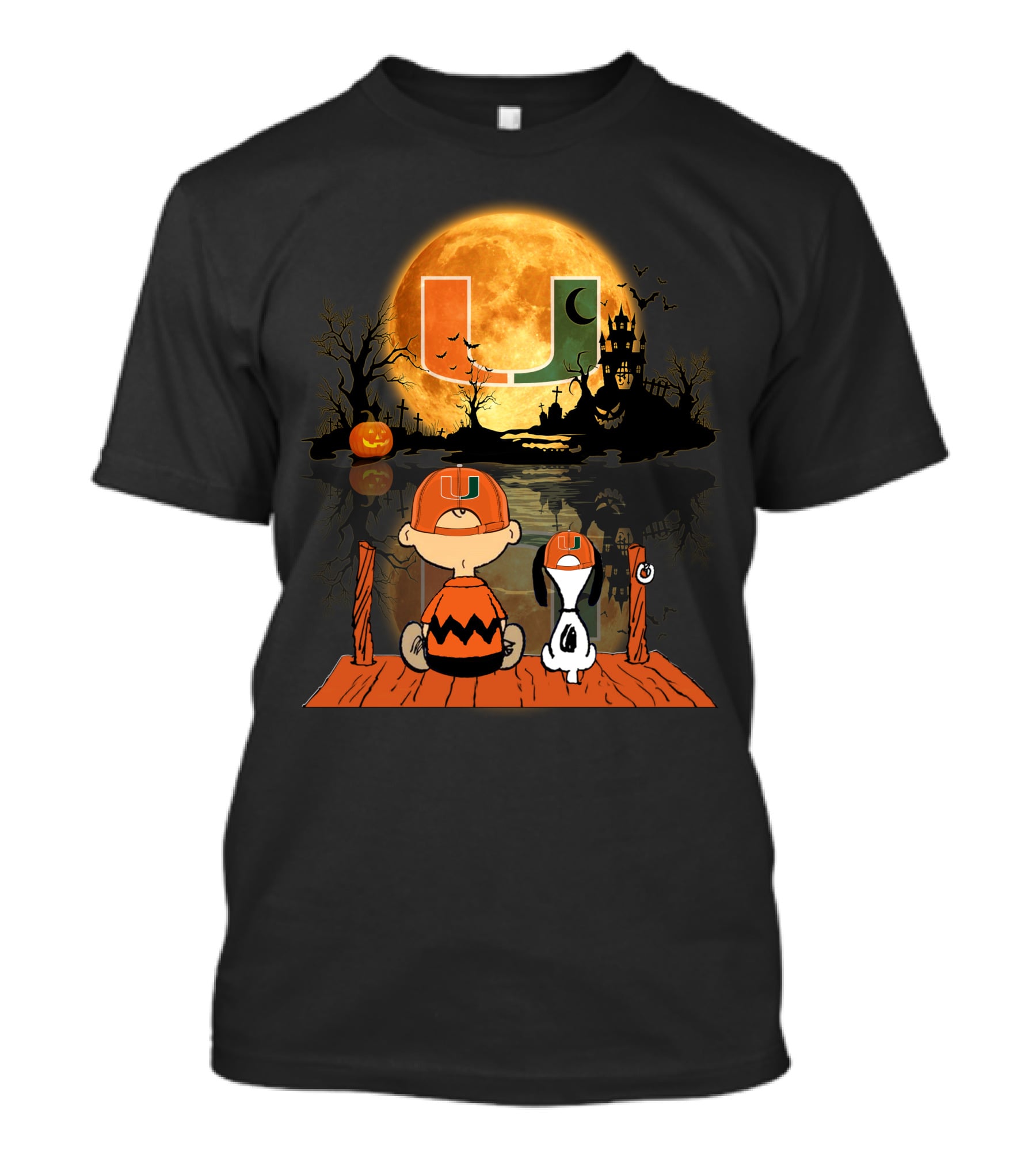 Miami Hurricanes Halloween Full Moon U Logo Charlie And Snoopy Scene T-Shirt