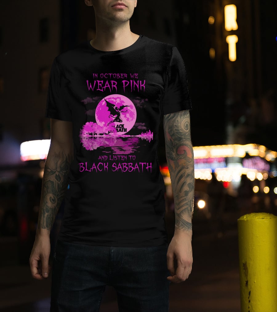 In October We Wear Pink With Black Sabbath Bat Silhouette And Pink Moon Reflection T-Shirt