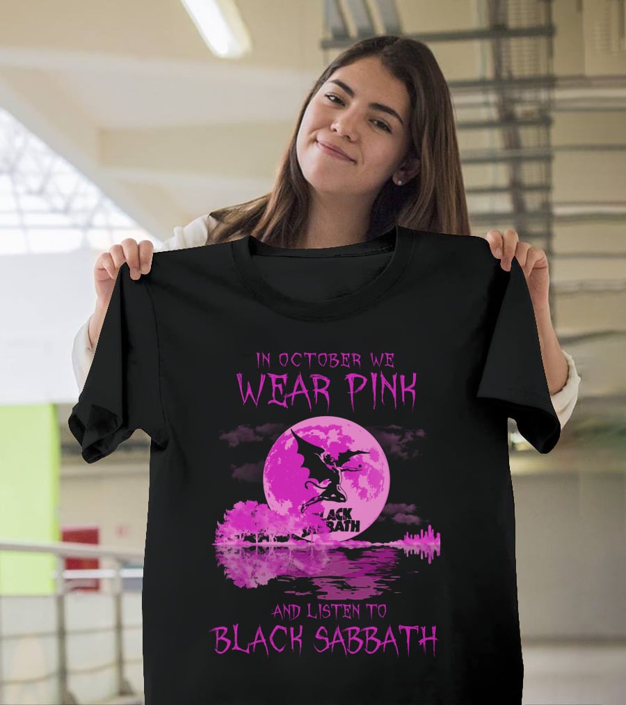 In October We Wear Pink With Black Sabbath Bat Silhouette And Pink Moon Reflection T-Shirt