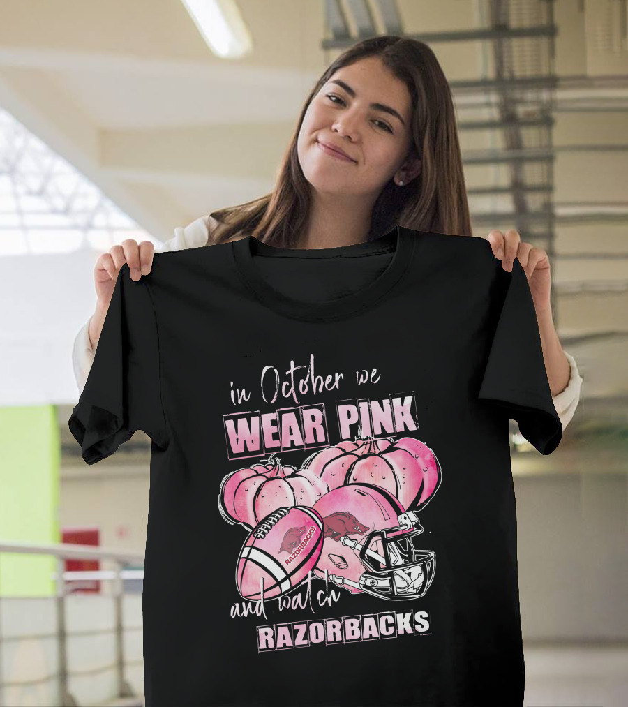 In October We Wear Pink and Watch Razorbacks Football Helmets Pumpkins T-Shirt