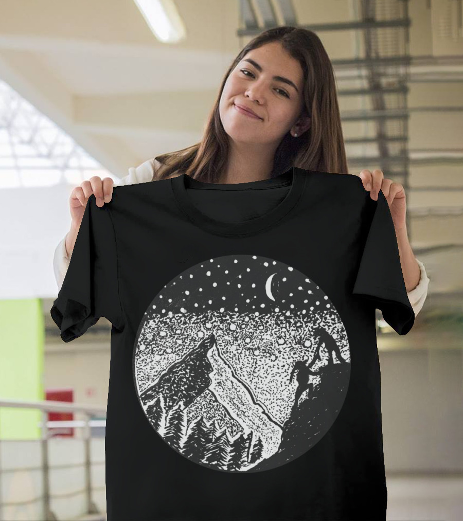 Starry Night Sky with A Helping Hand Climbing Mountain Under Crescent Moon T-Shirt
