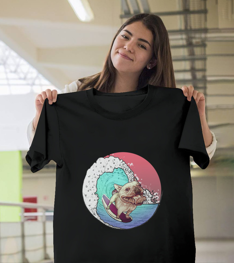 Surfer Bulldog Riding Wave Ocean Adventure T-Shirt