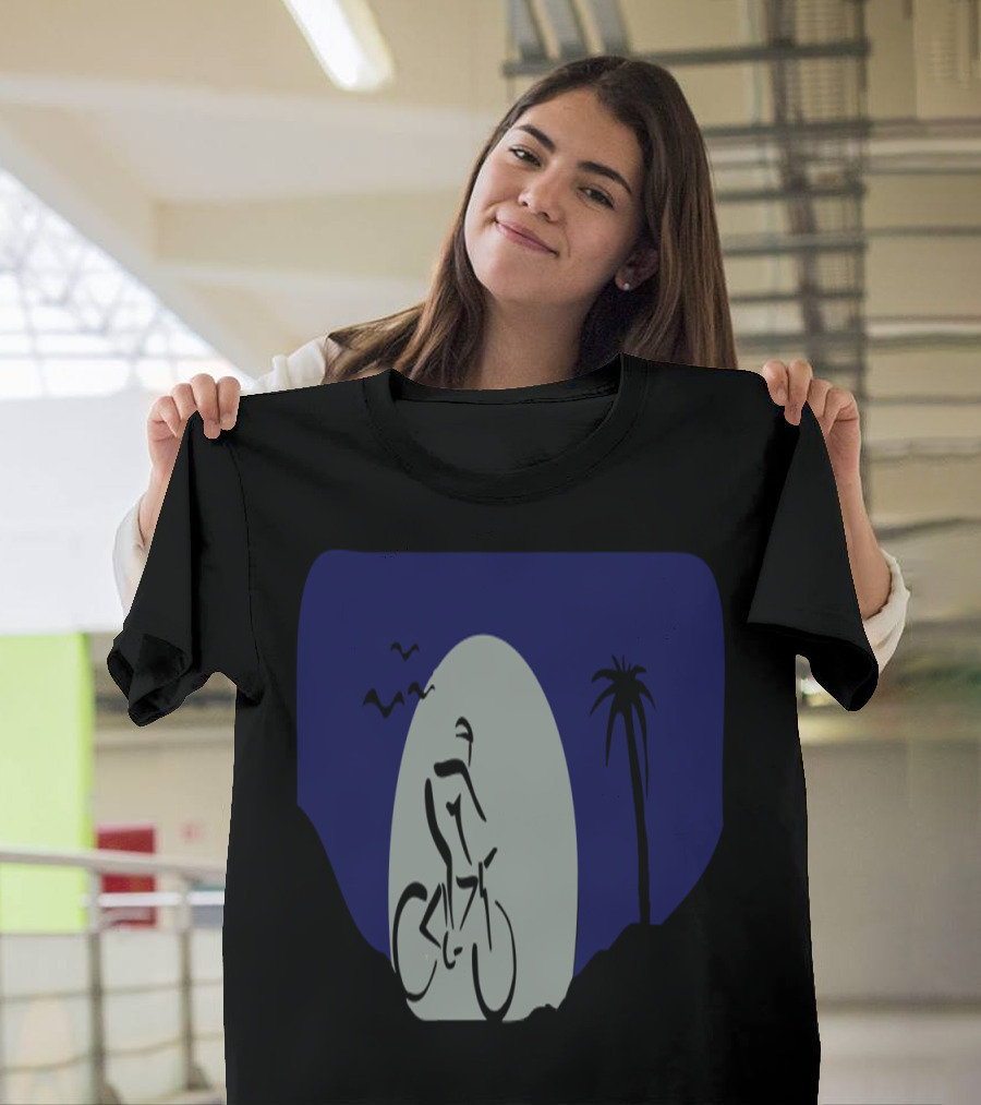 Nighttime Desert Adventure Mountain Bikers with Palm and Birds T-Shirt