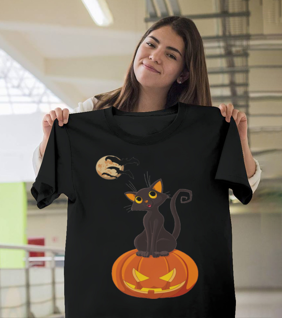 Hallow Night Black Cat on Pumpkin with Moon and Bats T-Shirt