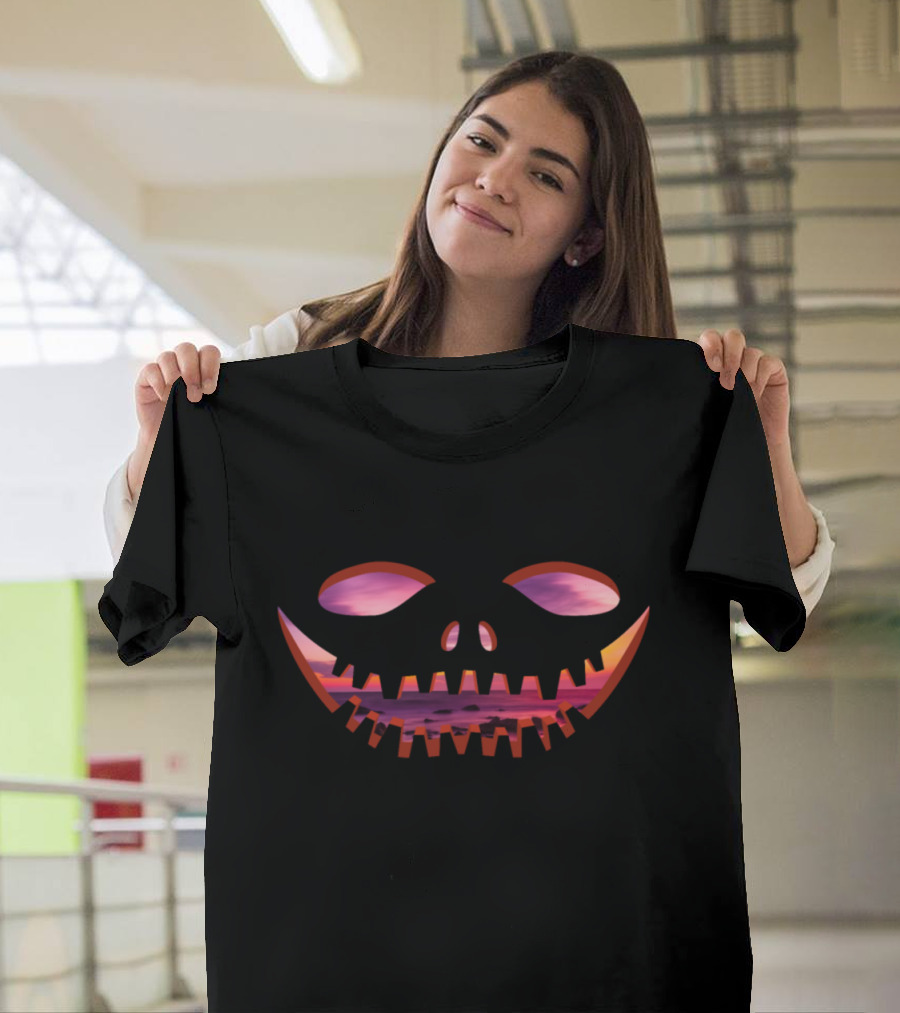 Scary Pumpkin Monster Sunset Jack-O'-Lantern Face Halloween T-Shirt