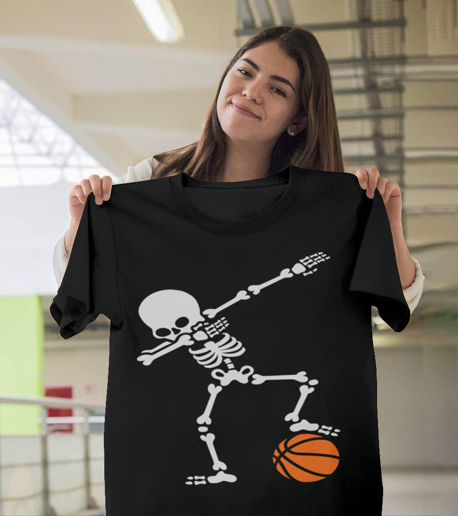 Dabbing Skeleton Holding Football and Basketball T-Shirt
