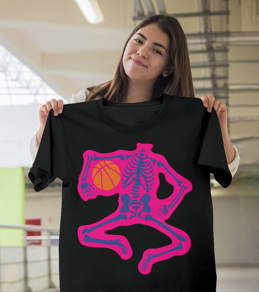 Basketball Skeleton Neon Jump Dunk Vibrant Pink and Blue T-Shirt