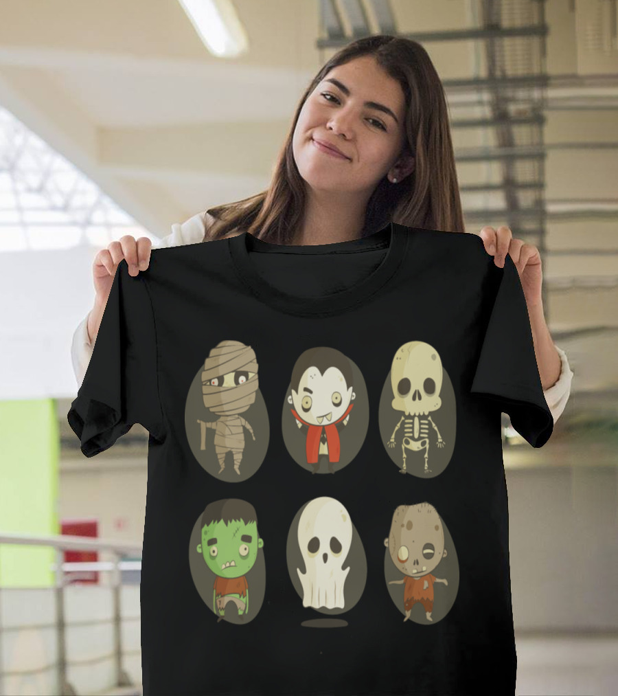 Skeleton Happy Halloween Day Mummy Vampire Skull Zombie Characters T-Shirt