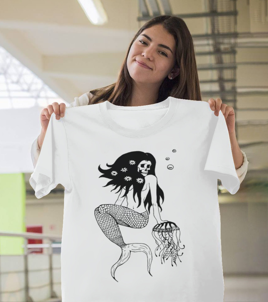 Dark Skeleton Mermaid with Jellyfish and Floating Flowers T-Shirt
