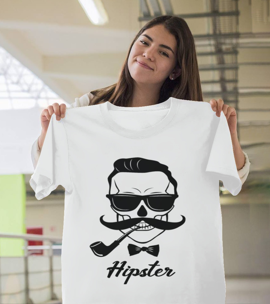 Hipster Skull with Mustache and Pipe T-Shirt