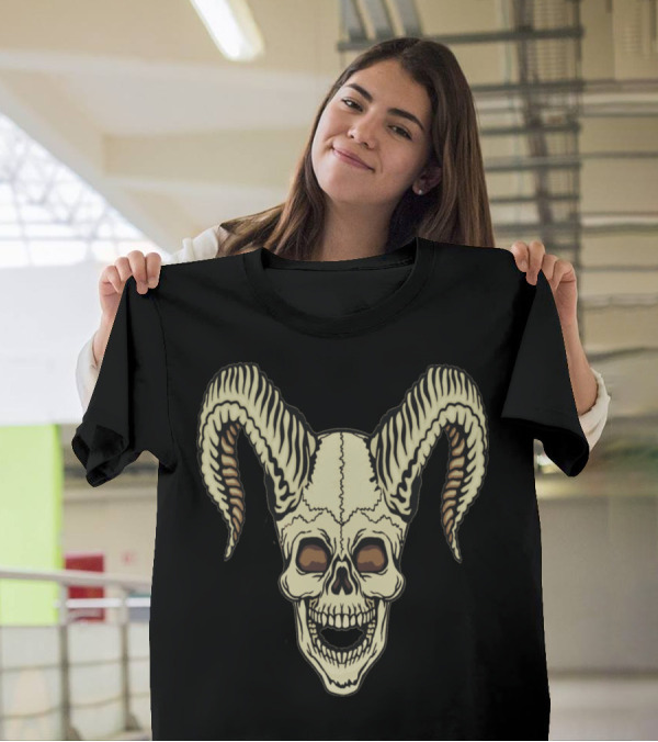 Horned Skull With Striped Curved Horns T-Shirt