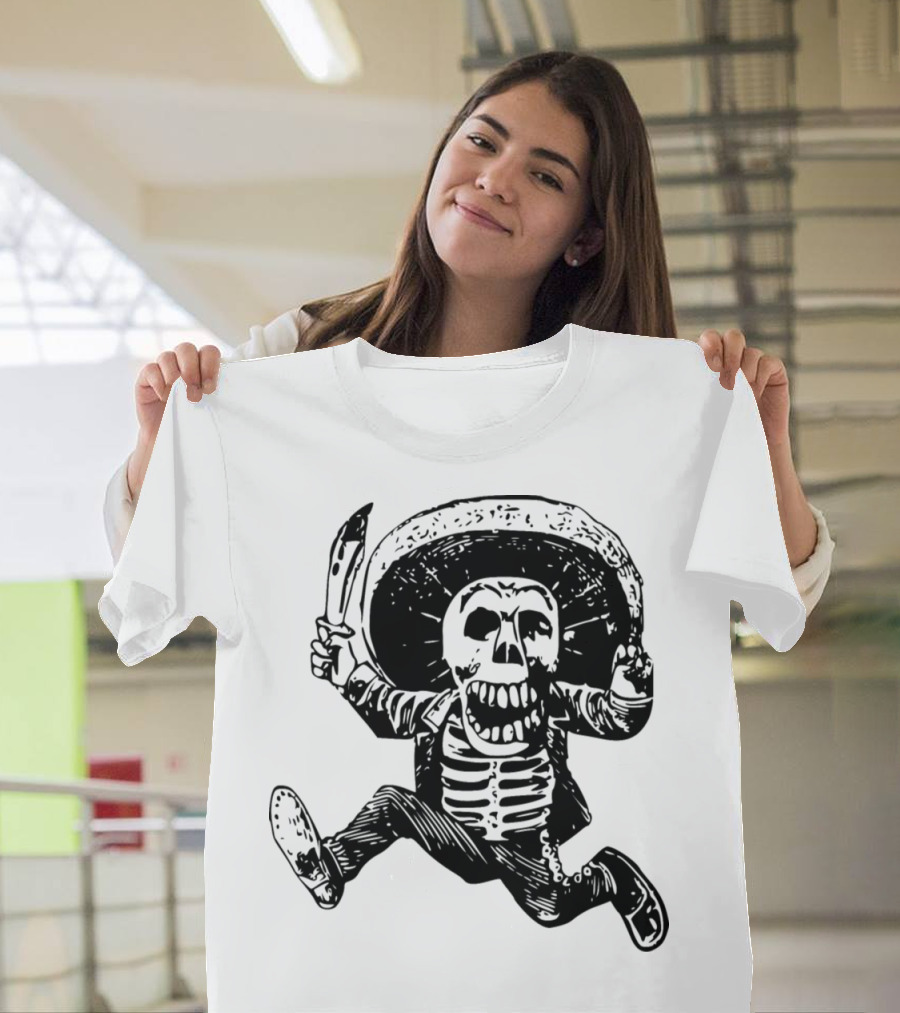 Calavera de José Guadalupe Posada Mexican Skeleton with Sombrero and Knife T-Shirt
