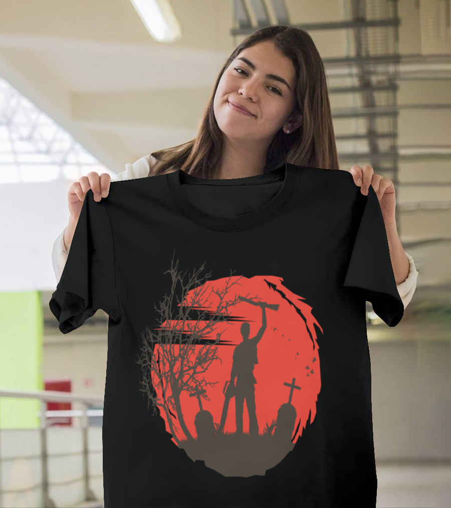 Boomstick Ash Silhouette with Chainsaw and Shotgun Graveyard Scene T-Shirt