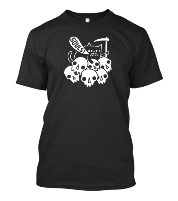 Cat Souls Skull Pile With Grim Reaper Scythe T-Shirt