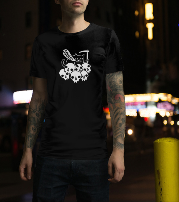 Cat Souls Skull Pile With Grim Reaper Scythe T-Shirt