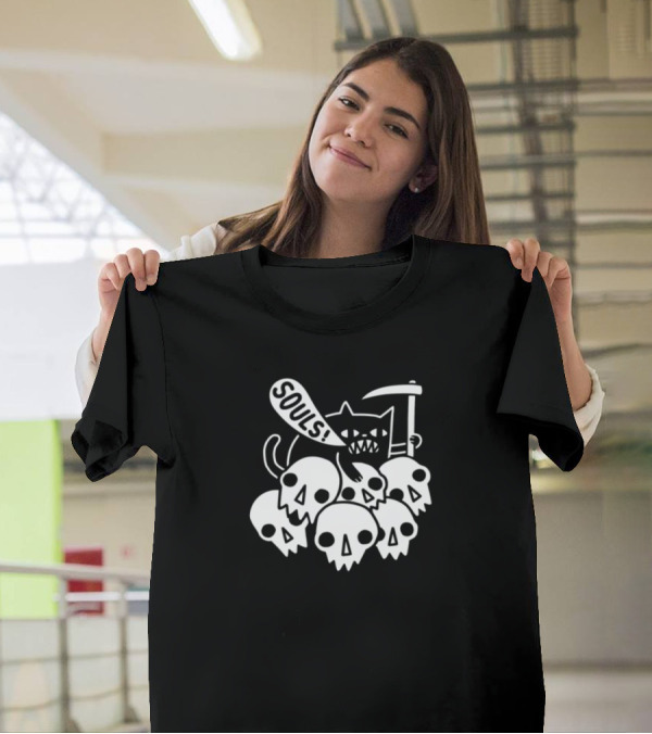 Cat Souls Skull Pile With Grim Reaper Scythe T-Shirt