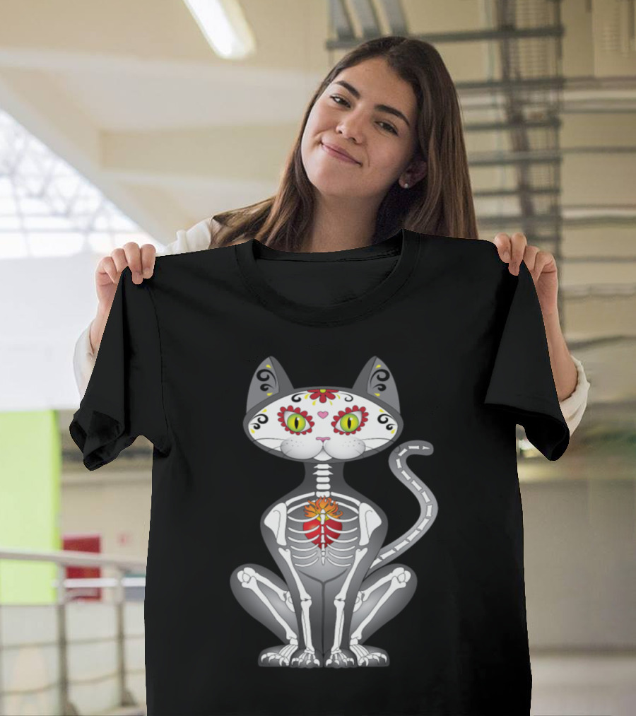 Sugar Skull Cat Skeleton Floral T-Shirt