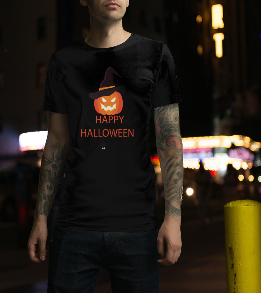 Happy Halloween Jack-O'-Lantern Witch Hat Spider Web T-Shirt