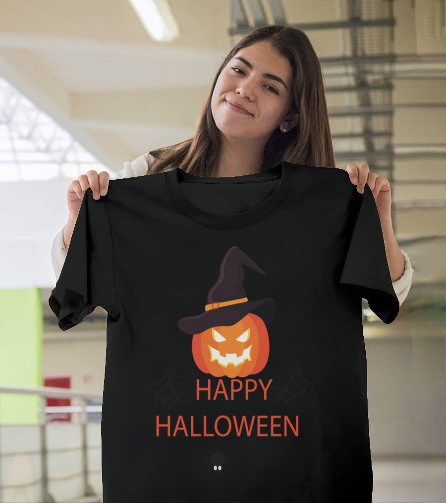 Happy Halloween Jack-O'-Lantern Witch Hat Spider Web T-Shirt