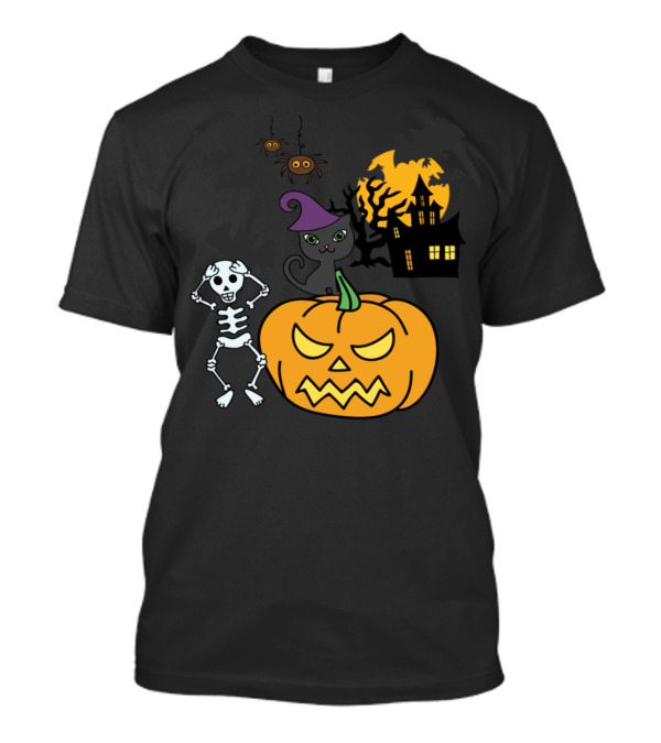 Frightful Fun Halloween Skeleton Jack-o'-Lantern Haunted House Black Cat And Spiders T-Shirt
