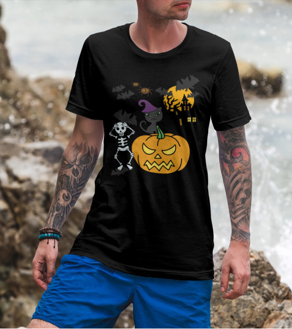 Frightful Fun Halloween Skeleton Jack-o'-Lantern Haunted House Black Cat And Spiders T-Shirt