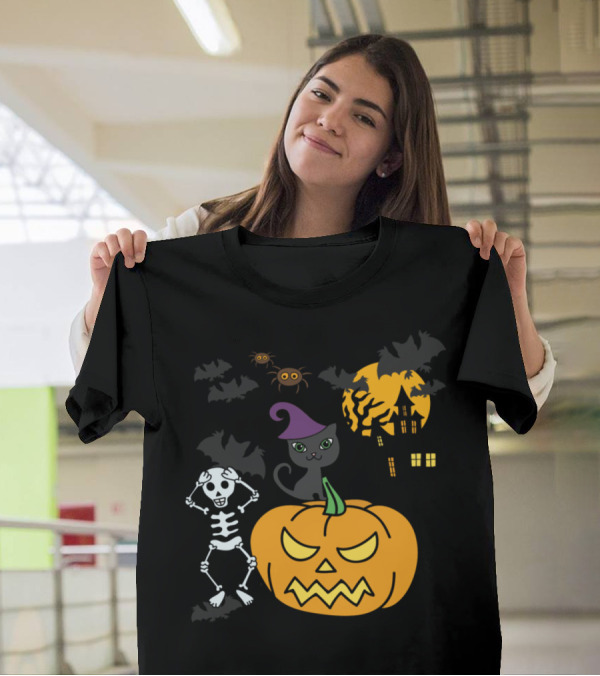 Frightful Fun Halloween Skeleton Jack-o'-Lantern Haunted House Black Cat And Spiders T-Shirt