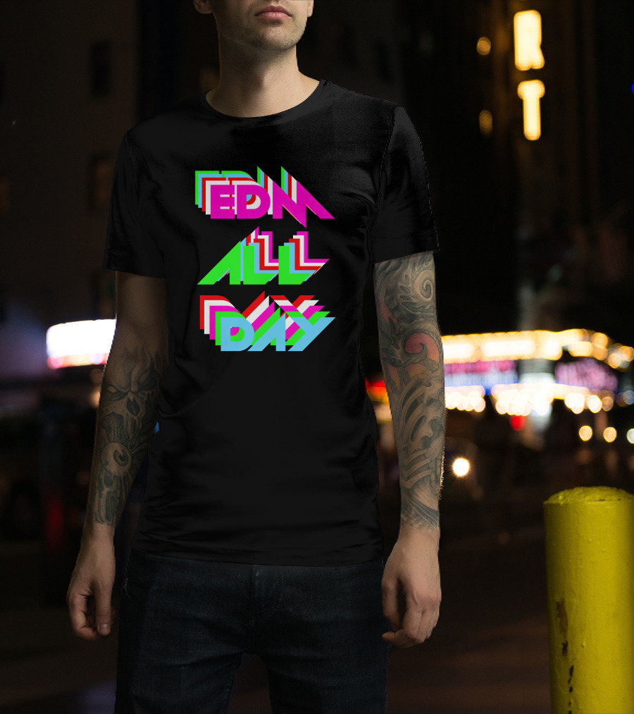 EDM All Day Cool Neon Anaglyph Style Rave Black Ink T-Shirt