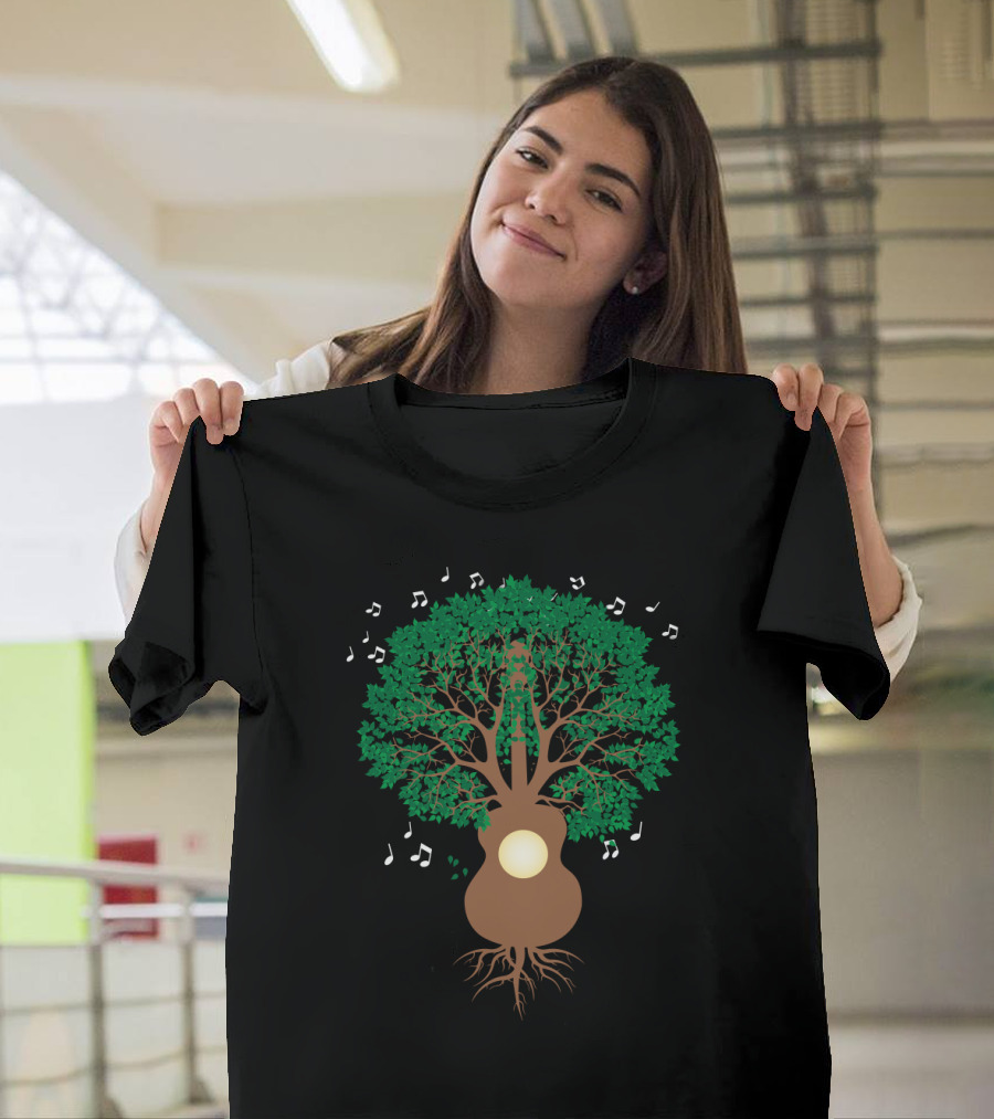 Cool Guitar Acoustic Adventure Tree with Musical Notes T-Shirt