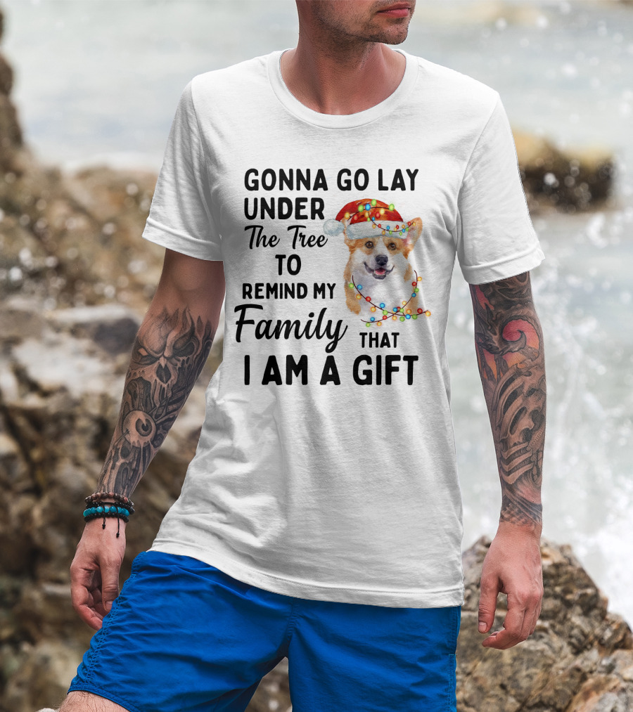 Gonna Go Lay Under The Tree To Remind My Family That I Am A Gift Corgi Christmas Lights Santa Hat T-Shirt