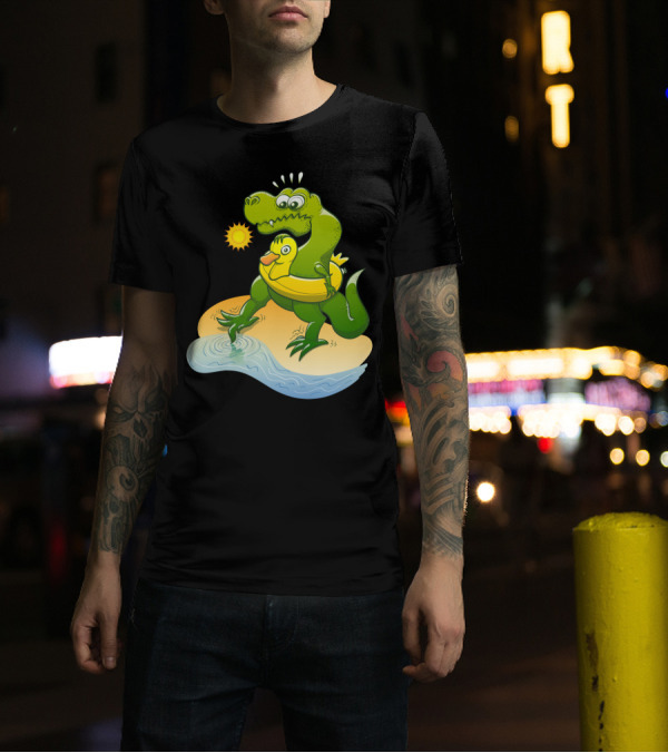 Tyrannosaurus Rex With Duck Float Ring Testing Cold Water On A Sunny Day T-Shirt