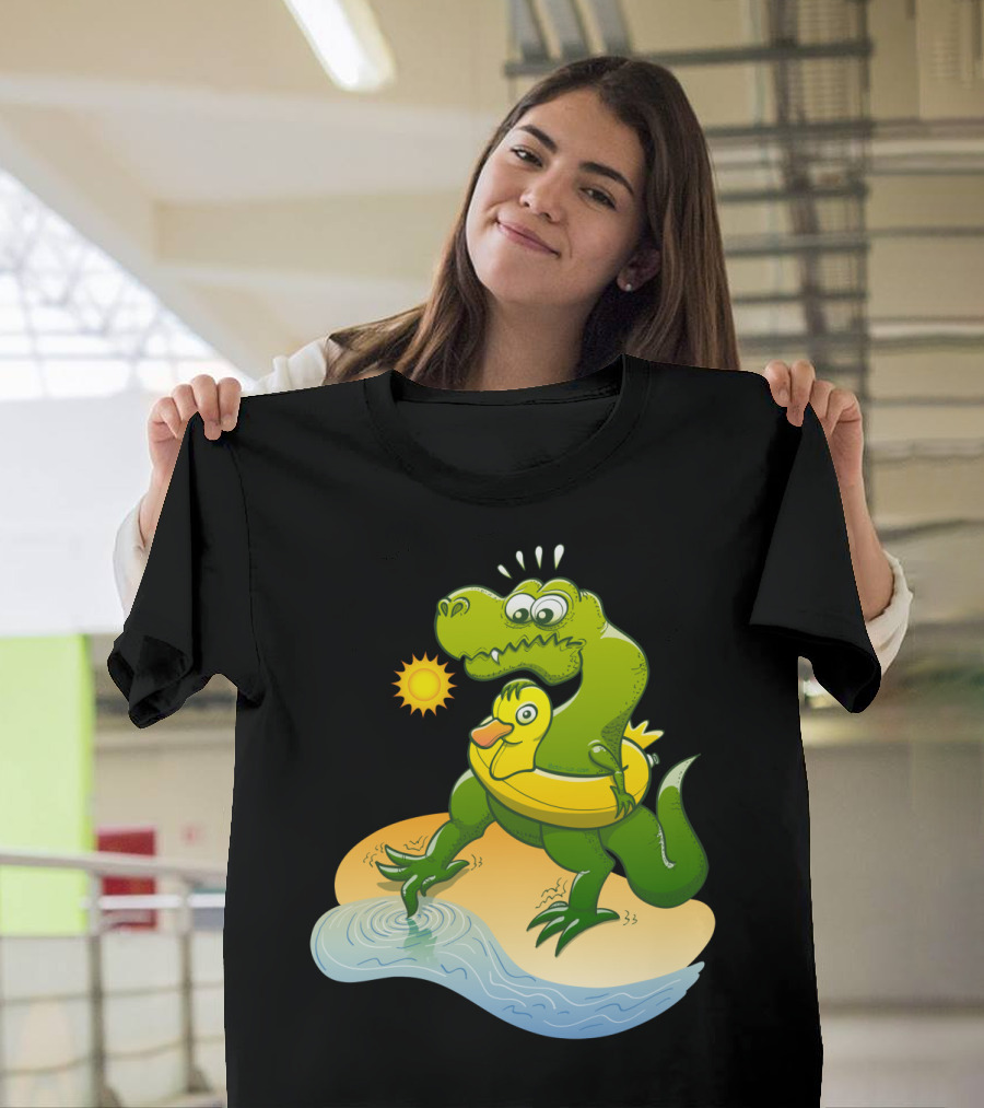 Tyrannosaurus Rex with Duck Float Ring Testing Cold Water on a Sunny Day T-Shirt
