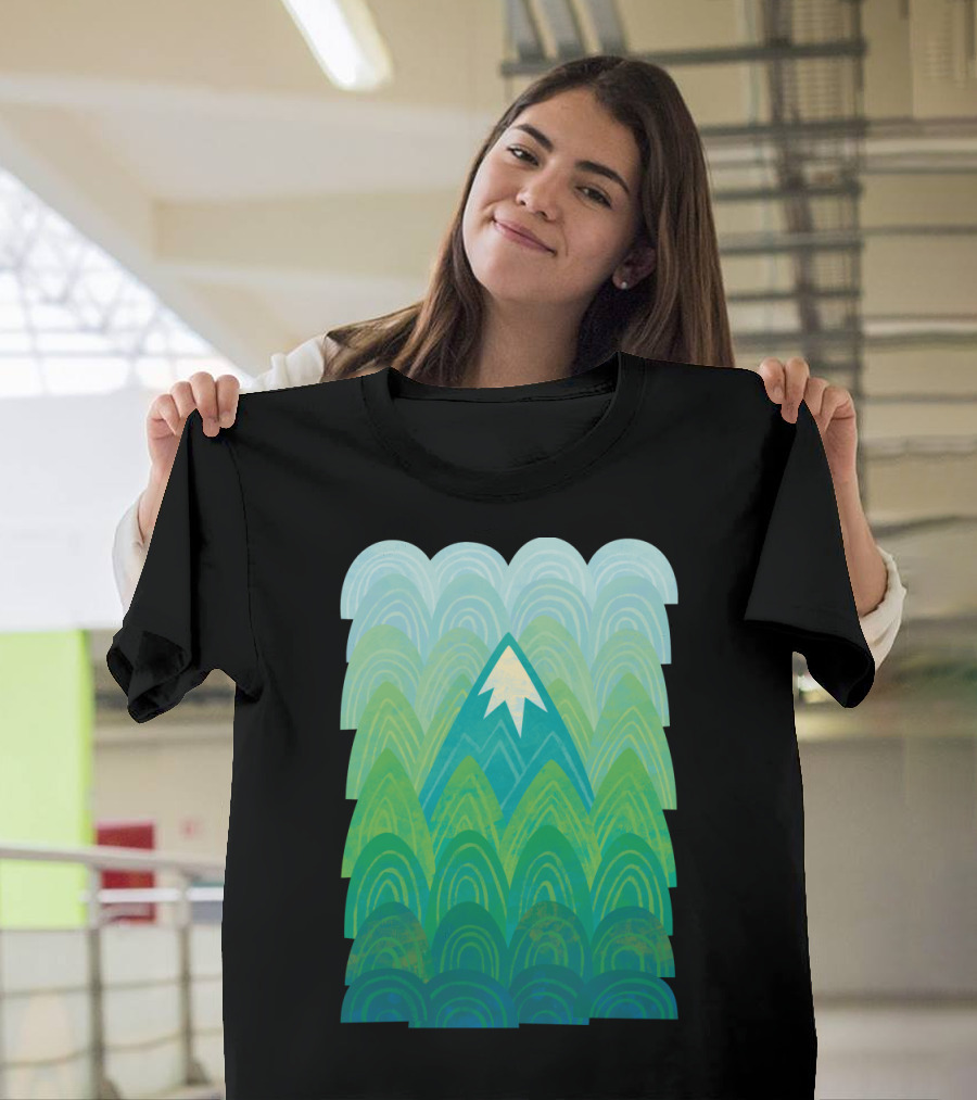 Towering Mountain Layers with Abstract Peaks and Green Blue Gradient T-Shirt