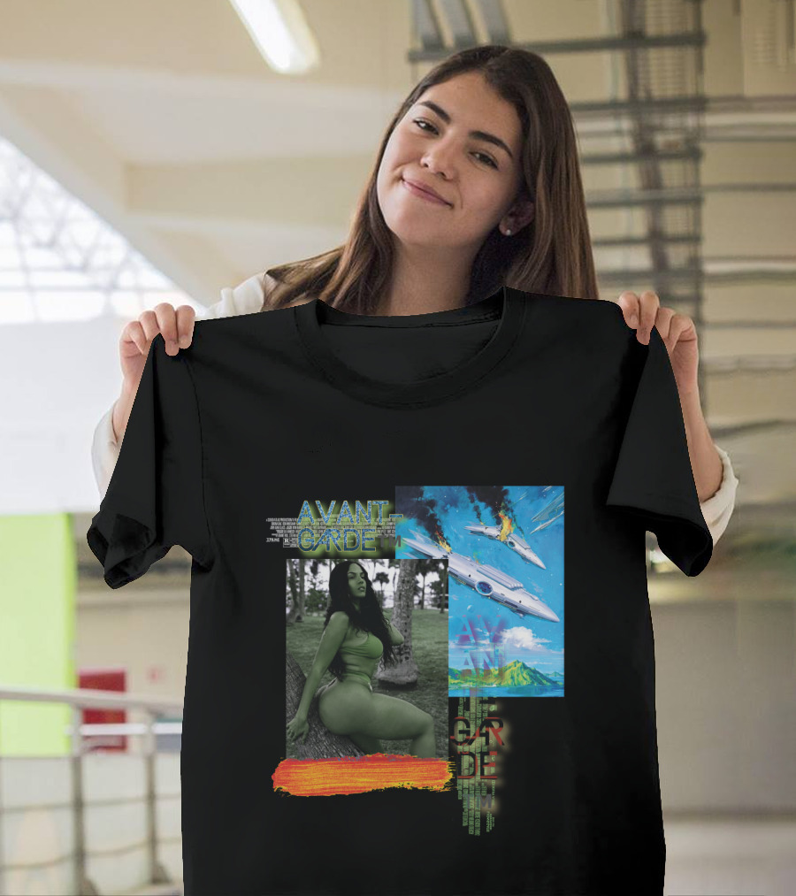 Avant Garde Plane Crash with Stylized Green Portrait and Fiery Sky T-Shirt