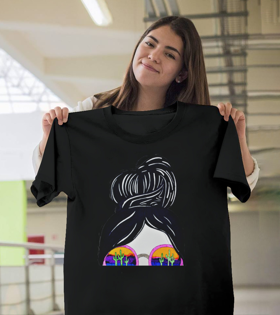 California Girl Sunset Reflection Cactus Sunglasses and Hair Bun T-Shirt