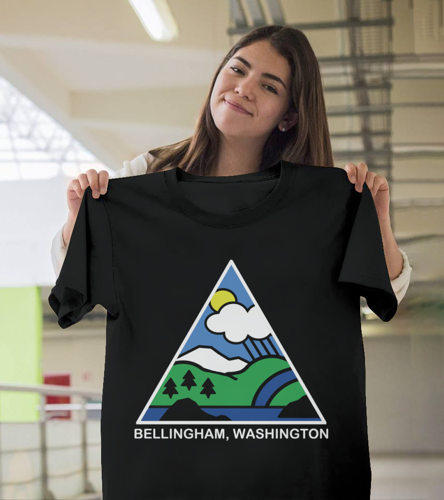 Bellingham Washington Mountain Trees River Sun Clouds Icon in White Outline T-Shirt