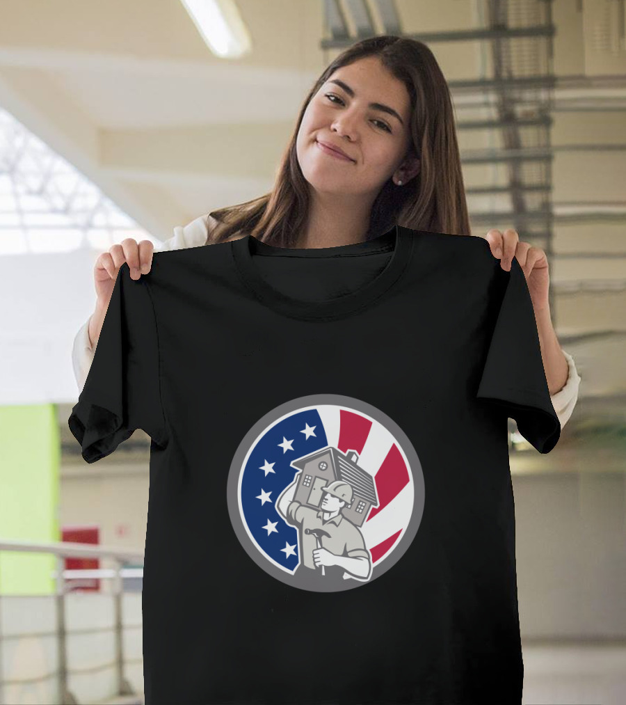 American Contractor Holding House with USA Flag Background T-Shirt
