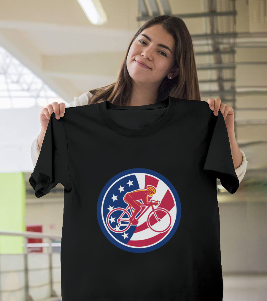 American Cyclist with USA Flag Icon in Red White and Blue Circle T-Shirt