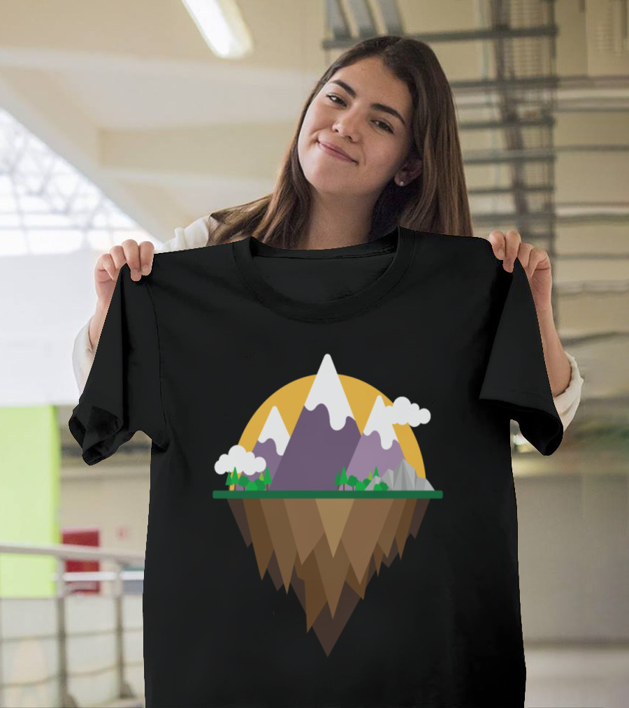 Floating Island Landscape with Snowy Mountains and Sunset T-Shirt
