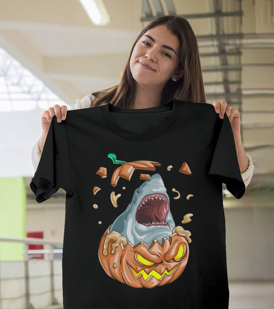 Shark Bursting from Jack-O'-Lantern Pumpkin T-Shirt