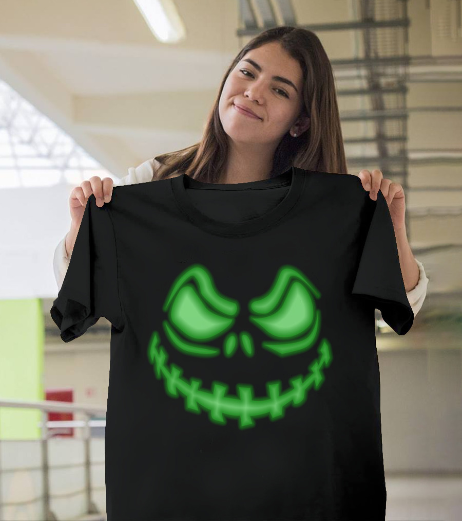 Halloween Angry Green Pumpkin Face Glowing Grin T-Shirt