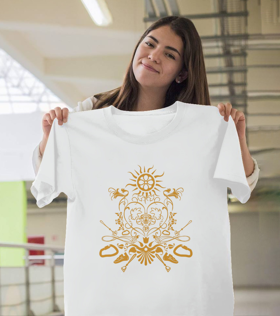 Ornate Summer Climbing Sun and Gear Motif T-Shirt